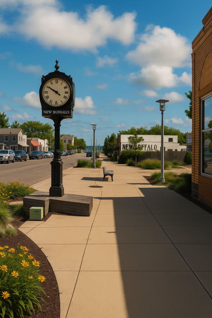 Downtown New Buffalo street scene on a sunny day featuring a vintage black New Buffalo clock, landscaped flower beds, a brick storefront, and a view down a clean, walkable sidewalk toward the marina.