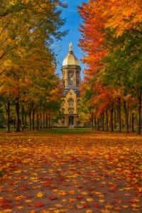 Notre Dame gameday itinerary begins at the Golden Dome with vibrant fall foliage and leaves across the ground