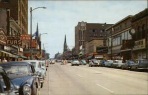 Downtown Franklin Street in Michigan City with restaurants, boutiques, and historic buildings