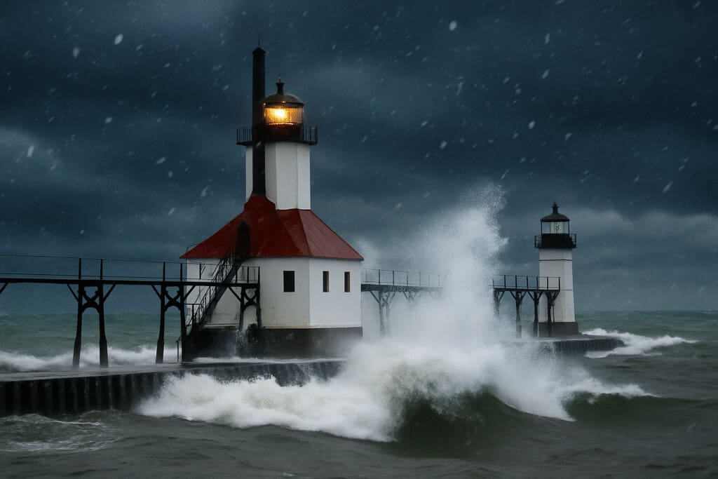 storm watching on Lake Michigan during a winter storm with snow at the St. Joseph lighthouses.
