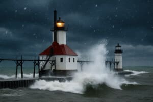 storm watching on Lake Michigan during a winter storm with snow at the St. Joseph lighthouses.