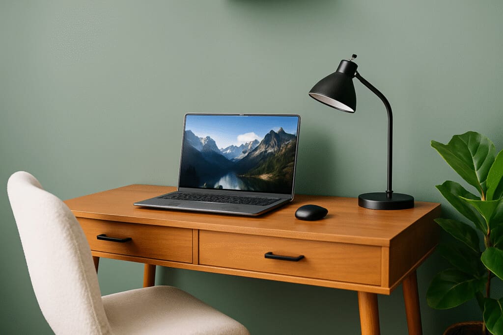 Work remotely in Southwest Michigan at Copper Top Ridge with a dedicated desk, task lamp, and laptop