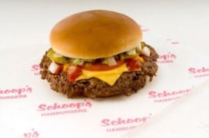 Schoop’s classic crispy-edged smash burger — a short drive from New Buffalo and a staple of the Best Burgers in Southwest Michigan