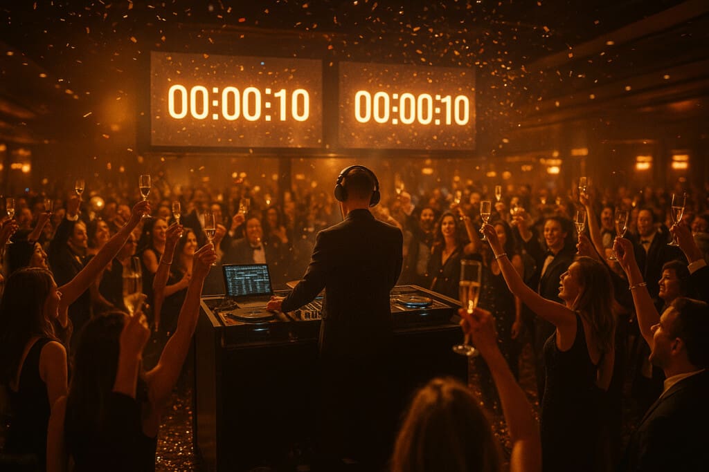 DJ leading a stylish New Year’s Eve in New Buffalo celebration inside a casino, with champagne glasses raised, countdown screens glowing, and copper-golden lighting creating an elegant festive atmosphere.