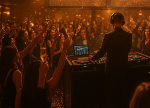 DJ leading a stylish New Year’s Eve in New Buffalo celebration inside a casino, with champagne glasses raised, countdown screens glowing, and copper-golden lighting creating an elegant festive atmosphere.
