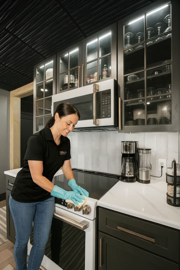 Professional cleaning lady in uniform scrubbing a stove in a modern vacation rental kitchen, representing Shear Properties’ full-service property management.