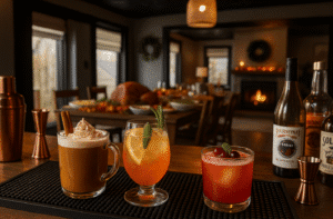 four thanksgiving cocktails displayed on a bar mat with a bar setup of shakers and bottles at Copper Top Ridge, with a Thanksgiving meal table softly blurred in the background.