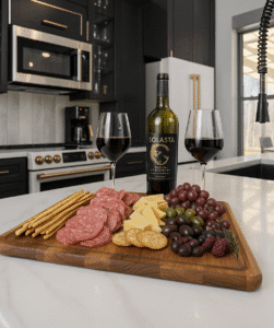 Winery lodging near New Buffalo MI – elegant charcuterie board on wooden cutting board with wine, cheese, figs, and prosciutto at Copper Top Ridge kitchen.