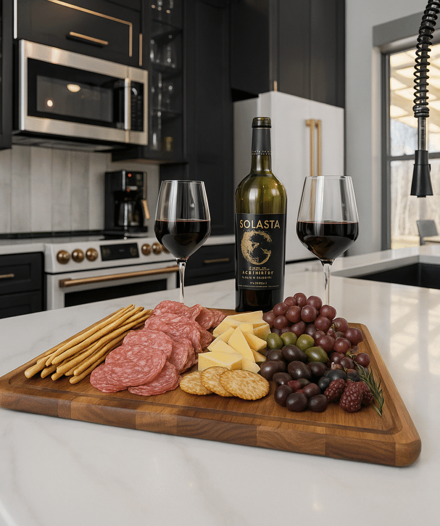Winery lodging near New Buffalo MI – elegant charcuterie board on wooden cutting board with wine, cheese, figs, and prosciutto at Copper Top Ridge kitchen.